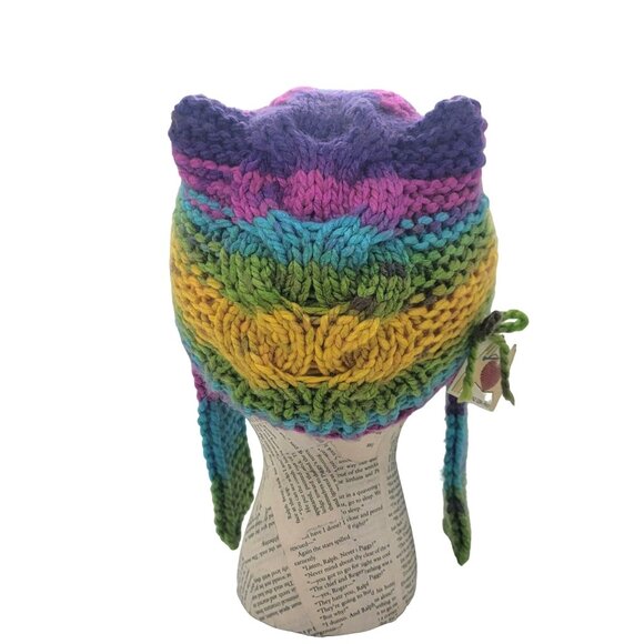 ⭐GIRL'S Handmade Striped Multicolor Knit Beanie Cat Ears Warm Winter Quirky Hat⭐ - Picture 4 of 7